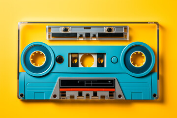 Fototapeta premium Blue cassette on a yellow isolated background. Image created with AI