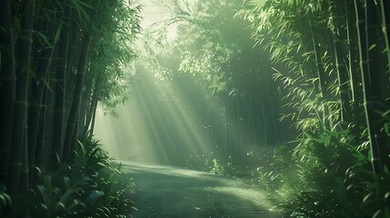 Obraz premium A pathway through a green bamboo forest with sunlight filtering through.