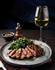 A perfectly grilled steak, sliced and served with a side of sauteed greens, accompanied by a glass of crisp white wine
