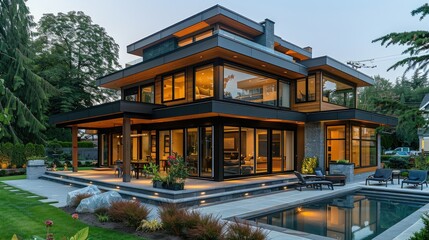 Fototapeta premium Luxurious modern house with pool and patio at dusk.
