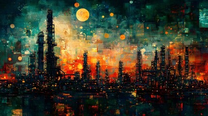 Fototapeta premium A large industrial plant with many tall towers and a lot of pipes. The sky is dark and the lights are on