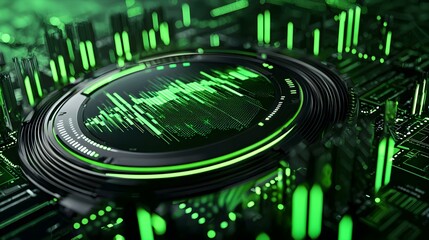 Cybernetic Pulse: Abstract digital art depicting a futuristic technological interface with a vibrant green data stream.  The image evokes a sense of high-tech innovation and rapid data processing.