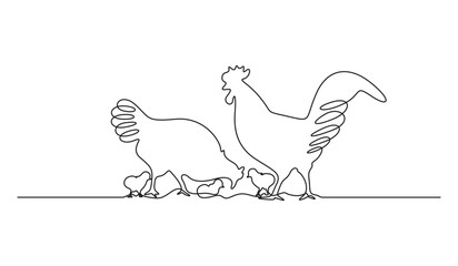 Continuous single line drawing of rooster and hen chicken family vector illustration