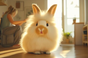 Tranquil Angora Rabbit Grooming Session in Sunlit Minimalist Interior