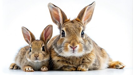 Obraz premium Close-up Rabbit Mother & Kit, White Background, Wildlife Photography, Bunny Family Portrait