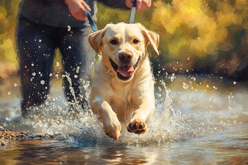 Playful Labrador Retriever Bounding Through Creek on Outdoor Adventure