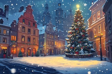 Fototapeta premium A picturesque snowy town square at Christmas, featuring a large decorated tree and charming buildings.