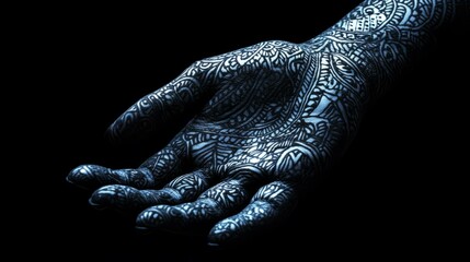 Intricate henna pattern on a hand darkened