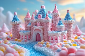 A whimsical toothbrush castle surrounded by candy.