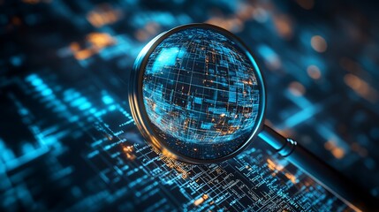 Magnifying glass over a digital globe on a circuit board, representing global digital investigation.