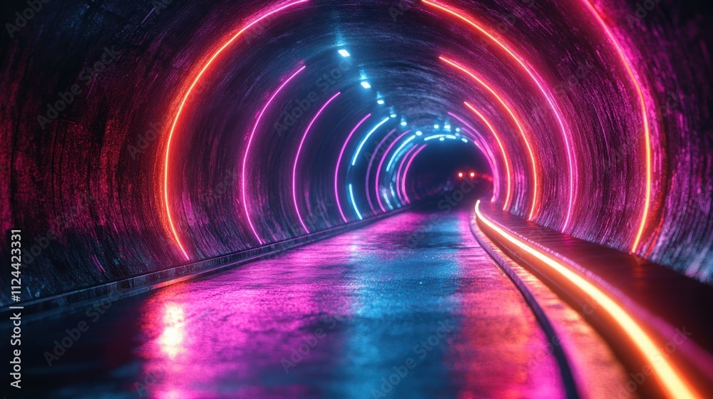 Poster Futuristic Neon Tunnel with Vibrant Lights in Cyberpunk Style Depth and Motion