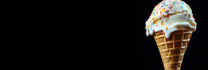 Close-Up of Dripping Ice Cream Cone with Detailed Texture black background 