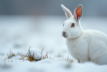 Tranquil snowy landscape with white hare