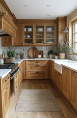 Cozy, modern farmhouse kitchen with light wood cabinets, white countertops, and a farmhouse sink.