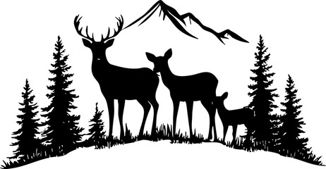 A striking silhouette of deer in a forested landscape with mountains in the background, perfect for nature-themed projects.