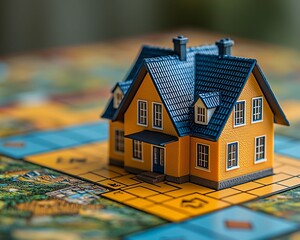 Miniature House on Monopoly Board Strategic Property Investment Game