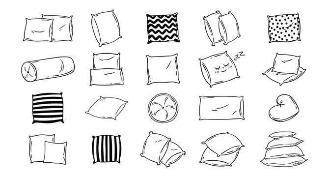 Doodle drawing pillow set. Soft pillow for sleep, outline hand drawn pillows. Rest bedroom decoration. Hand drawn cozy pillows for bed and sofa