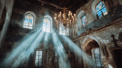 Fototapeta premium Ethereal Light Streaming Through Abandoned Church Windows