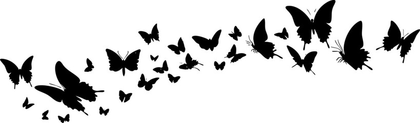 A stylish silhouette of butterflies in various sizes, symbolizing freedom and beauty in nature, perfect for artistic designs.