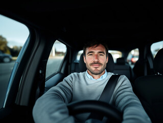 Obraz premium Smiling Man Sitting in Car, Relaxed and Confident Lifestyle Portrait 