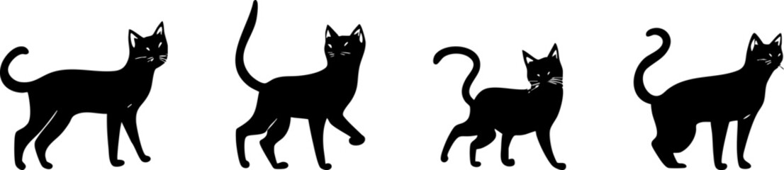 Obraz premium A series of stylized black cat silhouettes depicting various poses and expressions, ideal for art and design projects.