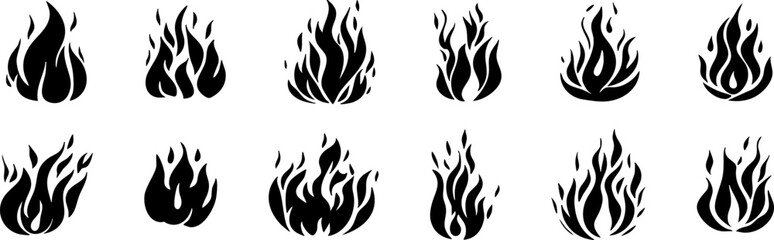 A collection of black flame icons, suitable for various design projects related to fire, heat, and energy.