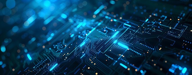 Abstract futuristic background with glowing digital data and circuit board elements on a dark blue backgroun