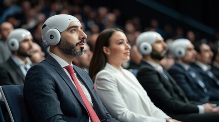 Innovative technology conference urban center audience engagement modern venue front view futuristic concepts