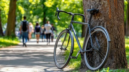 Fototapeta premium Bicycle Parked in a Lush Green Park on a Sunny Day