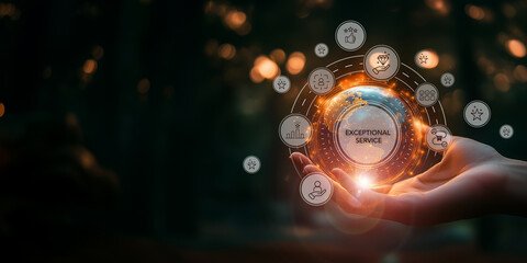 Exceptional service concept. Hand holding icons, planning and managing exceptional service. Providing a positive, helpful and timely experience for customers above and beyond customer's expectation.
