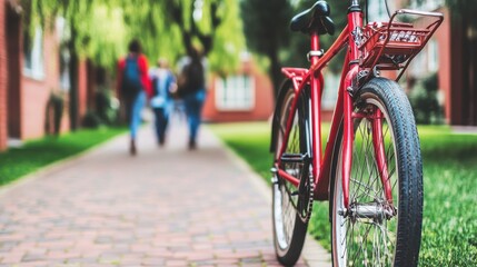 Fototapeta premium Vibrant Red Bicycle on a Lush University Campus Path
