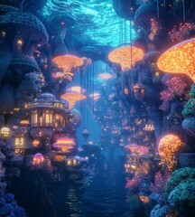 A fantasy underwater world with glowing co