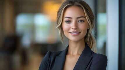Fototapeta premium Confident Businesswoman in Modern Office Portrait Smiling in Professional Attire Representing Success and Leadership