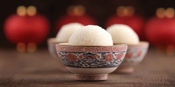Lunar New Year theme Delicious rice balls in ornate bowls with festive lanterns in the background.