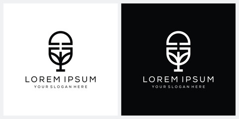 microphone podcast and leaf nature logo design graphic vector illustration