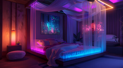 Neon Dreams: Immerse yourself in a vibrant, ethereal bedroom illuminated with neon lights, creating a mesmerizing and modern atmosphere.