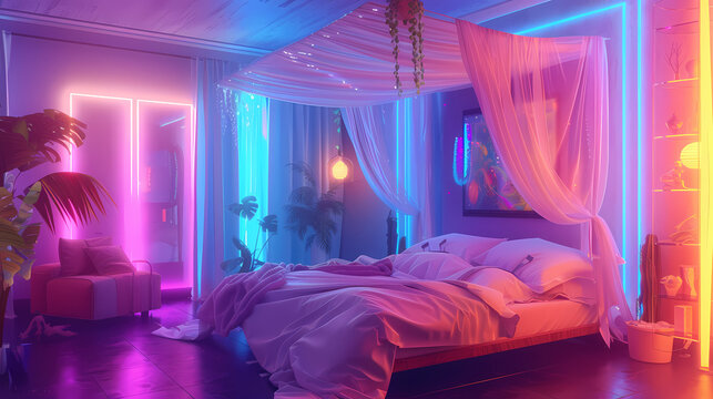 Neon Dreamscape Bedroom: Immerse yourself in a vibrant bedroom, awash in neon pink, blue, and orange lighting. Tropical plants and a canopy bed add a touch of bohemian flair to this modern.