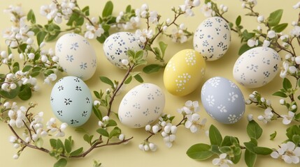 Fototapeta premium Soft yellow background, elegantly arranged with colorful Easter eggs and delicate Easter branches with fresh green leaves and delicate blossoms scattered around. Wallpaper, banner, poster, backdrop