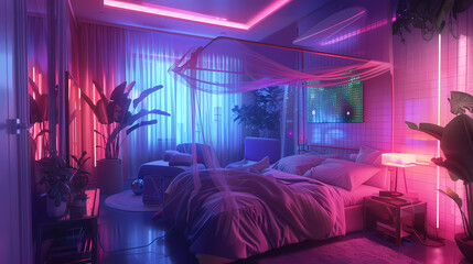 Neon Dreamscape: A bedroom bathed in vibrant neon light, featuring a plush bed with a canopy, potted plants, and a minimalist aesthetic, evokes a dreamy, ethereal atmosphere.
