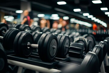 Dumbbells arranged in gym, people walking nearby