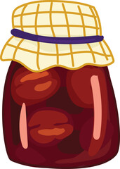 Jar of preserved fruit with cloth cover.