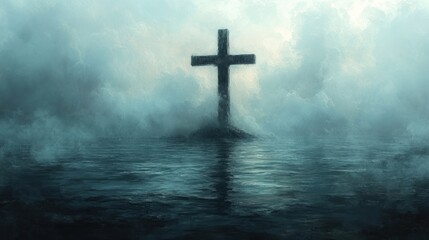 Fototapeta premium Misty Seascape with Solitary Cross in Ethereal Light
