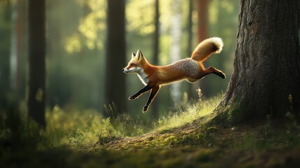 Fototapeta premium Red Fox Leaping Through Sunlit Forest