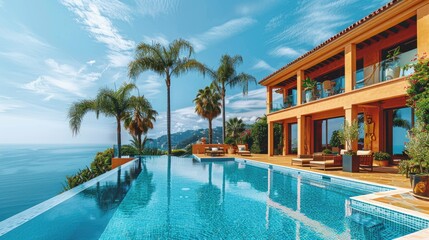 Fototapeta premium Luxury villa with infinity pool overlooking ocean.