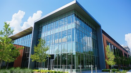 Obraz premium Inspiring Modern Architecture A Stunning Glass Building Surrounded by Lush Greenery and Sky