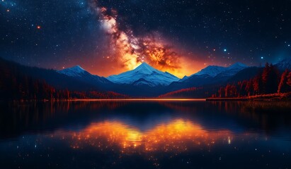 Majestic Mountain Lake Underneath Starry Night Sky