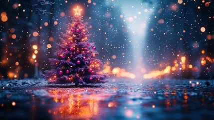 Vibrant Christmas Tree with Pink and Purple Ornaments and Glowing Fairy Lights Against Starry Night Sky