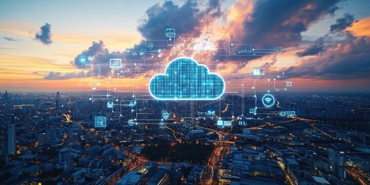 Aerial View of Modern City Integrating Cloud Technology and Communication Networks