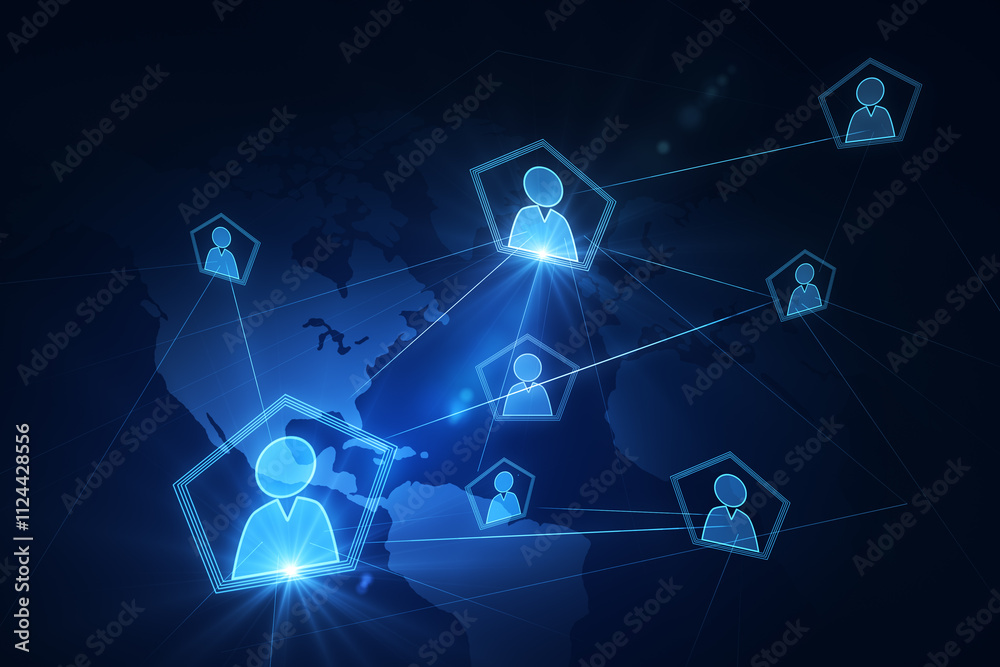 Aufkleber People connection and social network concept with glowing blue digital user symbols connected between each other on world map background. 3D rendering