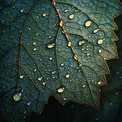 Fototapeta premium Magnified Raindrops Unveil the Intricate Textures and Patterns of a Dark Green Leaf